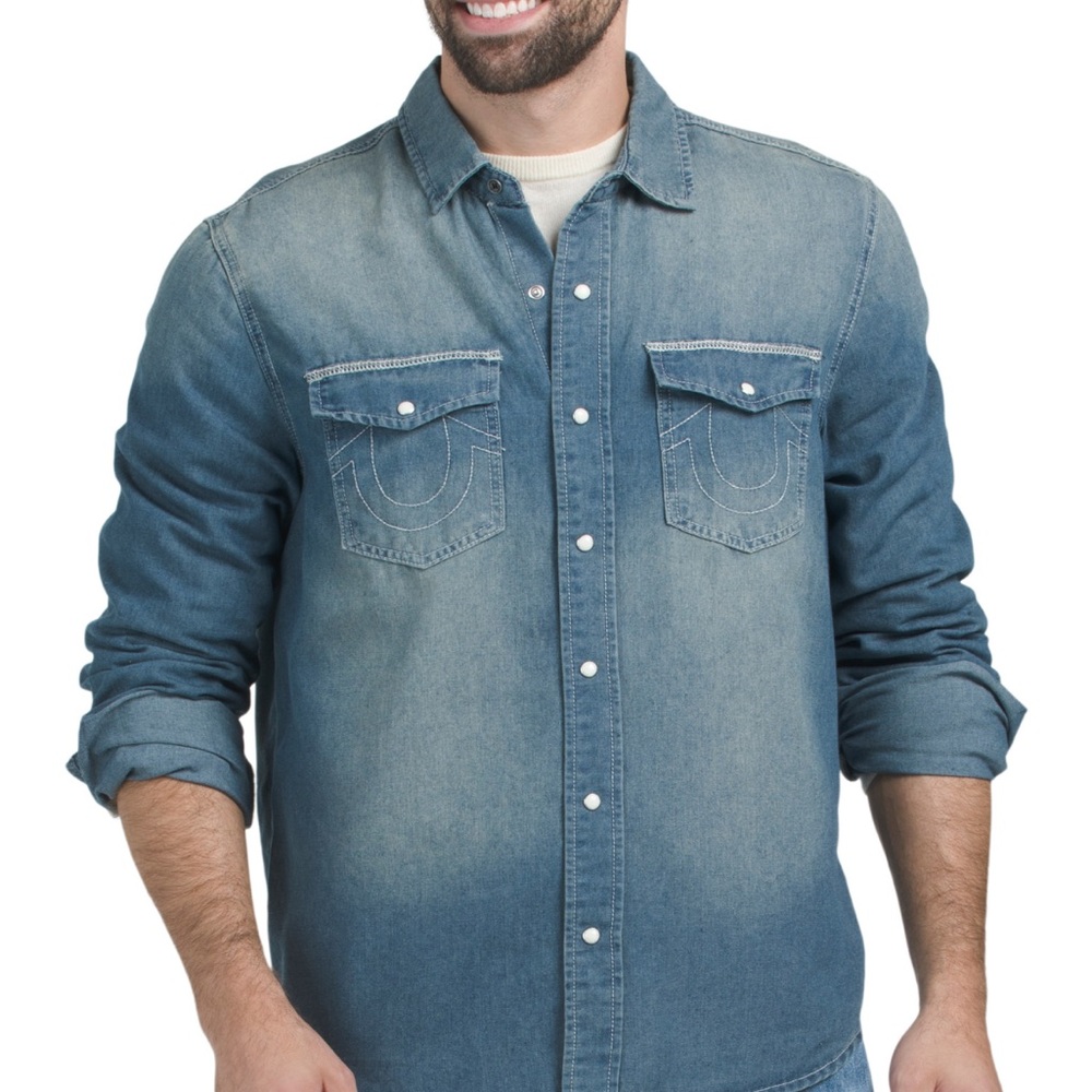 True Religion Blue Denim Shirt with Red Graphic